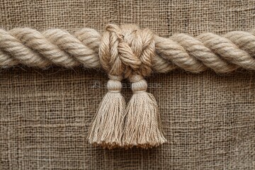 Aufkleber - Natural fiber rope knot tied with decorative tassels on a textured burlap background in soft lighting