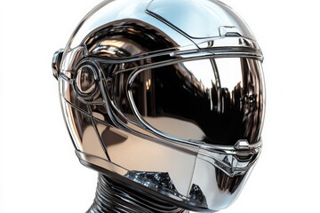 Fototapete - Futuristic helmet design showcasing sleek metallic surface and helmet features in a high-tech environment