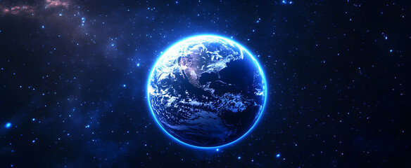 Wall Mural - Abstract digital planet Earth with glowing blue and orange light beams.