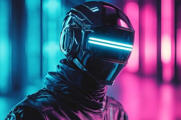 Poster - Cybernetic figure with illuminated visor stands against neon backdrop in futuristic setting