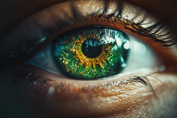 Poster - Vivid close-up of an eye showcasing intricate details with green and gold hues reflecting light and texture