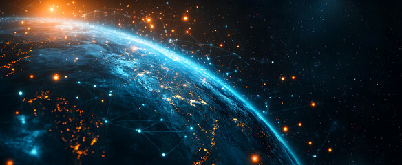 Wall Mural - Abstract digital planet Earth with glowing blue and orange light beams.