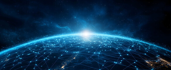 Wall Mural - Abstract digital background with glowing blue light and dark grid lines on the planet 
