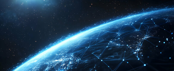 abstract digital background with glowing blue light and dark grid lines on the planet