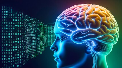 Futuristic representation of the human brain, merging the organic with digital information, creating an artificial intelligence concept.