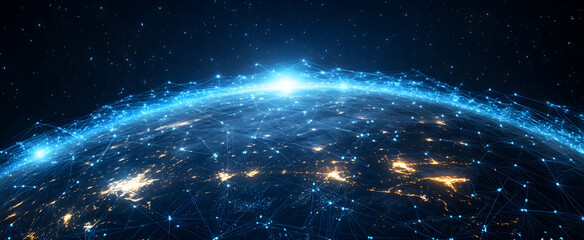 Wall Mural - Abstract digital background with glowing blue light and dark grid lines on the planet 