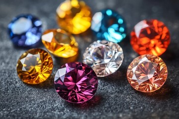 Poster - Colorful gemstones scattered on a dark surface showcasing brilliance and beauty