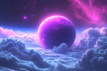 Poster - Vibrant cosmic landscape featuring a purple planet and fluffy clouds in a mystical sky filled with stars