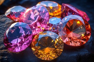 Poster - Colorful gemstones sparkling in sunlight on a rocky surface create a vibrant display of beauty and elegance