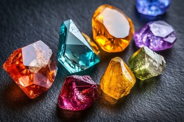 Poster - Colorful gemstones arranged on a dark surface showcasing various shapes and hues