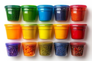 Aufkleber - Colorful containers filled with various materials displayed on a white background in a creative arrangement