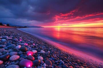 Aufkleber - Vibrant sunset over a rocky beach with colorful pebbles and calm ocean waves at dusk