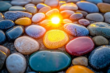 Poster - Colorful pebbles glistening under sunlight on a sandy beach at sunset in a serene coastal setting