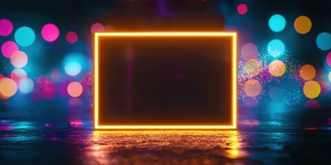 Wall Mural - a neon sign with a black frame is lit up in a dark room