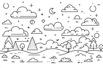 Poster - Stylized landscape with trees, clouds, and stars in a whimsical design under a crescent moon
