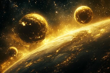 Aufkleber - Celestial bodies illuminate a vibrant cosmic landscape filled with golden hues and distant stars