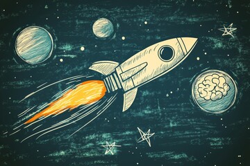 Poster - Rocket flying through space with planets and stars in a colorful sketch style background