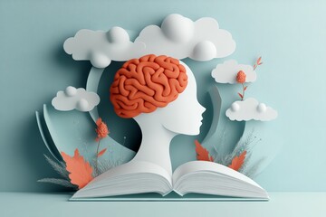 Leinwandbilder - Creative representation of knowledge and imagination featuring a brain and book surrounded by nature elements