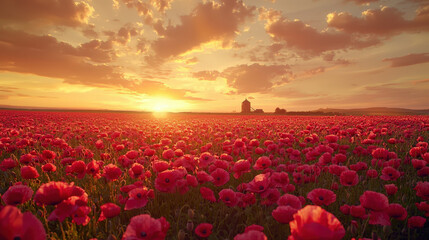Poster - A colorful field filled with blooming poppies stretches towards the horizon as the sun sets, casting warm hues across the sky