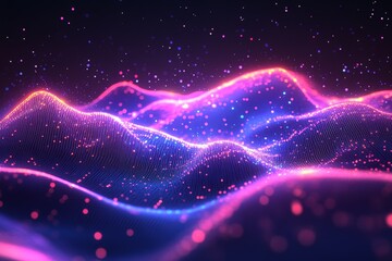 Aufkleber - Colorful abstract landscape with vibrant waves and glowing particles at night