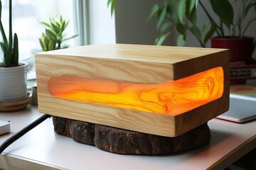 Poster - Unique wooden lamp with glowing resin feature on a modern desk near plants