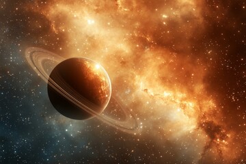 Leinwandbilder - Vivid depiction of a distant planet with rings set against a swirling cosmic nebula in deep space