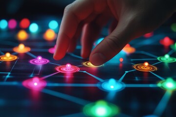 Poster - Exploration of a colorful digital network with illuminated nodes and connections