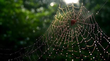 Dew-kissed spiderweb in forest