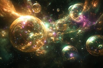 Poster - Vibrant cosmic scene with colorful energy spheres floating amidst a starry background