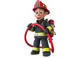 © Md - A cartoon firefighter holding a red hose with a red helmet and a tank on his back smiling happily, Isolated on white transparent background