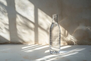 Aufkleber - Glass bottle of water reflecting sunlight with shadows on a neutral wall during the afternoon