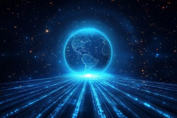 Aufkleber - Digital representation of Earth illuminated by blue light in a cosmic setting showcasing data streams and stars in the background