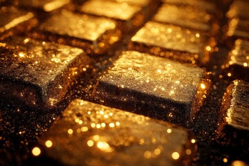 Aufkleber - Golden bars arranged beautifully on a dark surface showcasing their shiny texture and intricate details in a well-lit setting