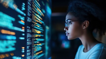 Focused woman programmer reviewing code on large screen.