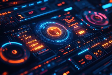 Poster - Digital interface displaying modern technology with bright neon elements and intricate designs in a dark environment