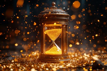 Poster - Mystical hourglass surrounded by golden sparkles emits magical vibes in a dimly lit environment
