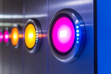 Aufkleber - Colorful illuminated buttons on a sleek control panel in a modern electronic setup at night