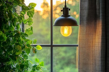 Poster - Soft light illuminates a cozy interior with greenery at sunset near a window