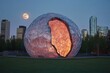 © ChaoticMind - Art piece illuminated at night with a full moon and city skyline in the background showcasing urban beauty and creativity