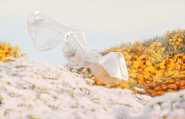 Poster - Abstract spring flowers landscape scene with white flying cloth. 3d rendering.