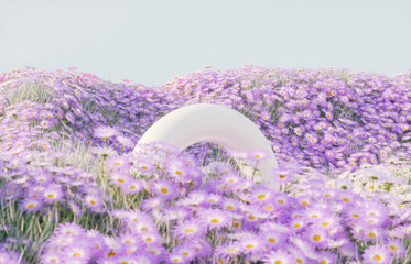 Poster - Abstract spring flowers landscape scene with white podium. 3d rendering.