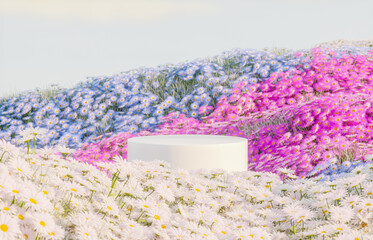 Poster - Abstract spring flowers landscape scene with white podium. 3d rendering.