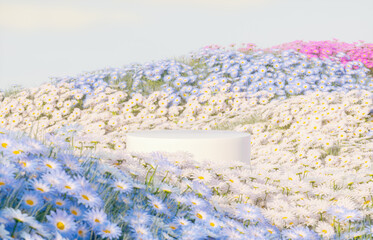 Poster - Abstract spring flowers landscape scene with white podium. 3d rendering.
