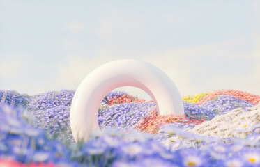 Poster - Abstract spring flowers landscape scene with white podium. 3d rendering.