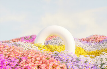 Poster - Abstract spring flowers landscape scene with white podium. 3d rendering.