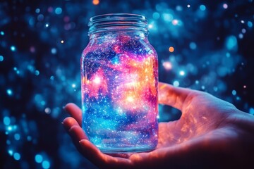 Aufkleber - Mystic galaxy jar held in hand brings the universe into focus at twilight