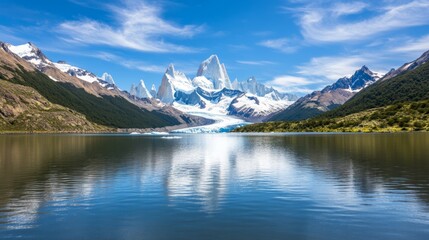  Fitz Roy's Glacial Reflection Wide Landscape Composition, Patagonia, Mountain Lake, Snow-capped Peaks Patagonia, Fitz Roy