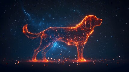 Fototapete - A glowing dog silhouette against a starry night sky. Cosmic art. Animal star constellation. Sky zodiac horoscope background style. Celestial Canine Dog