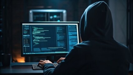 A person in a hoodie sits at a desk, typing on a keyboard with a computer screen displaying code, suggesting a focus on programming or hacking.