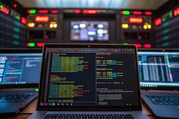 A modern workspace with multiple laptops displaying coding and data visuals against a high-tech backdrop of digital screens.